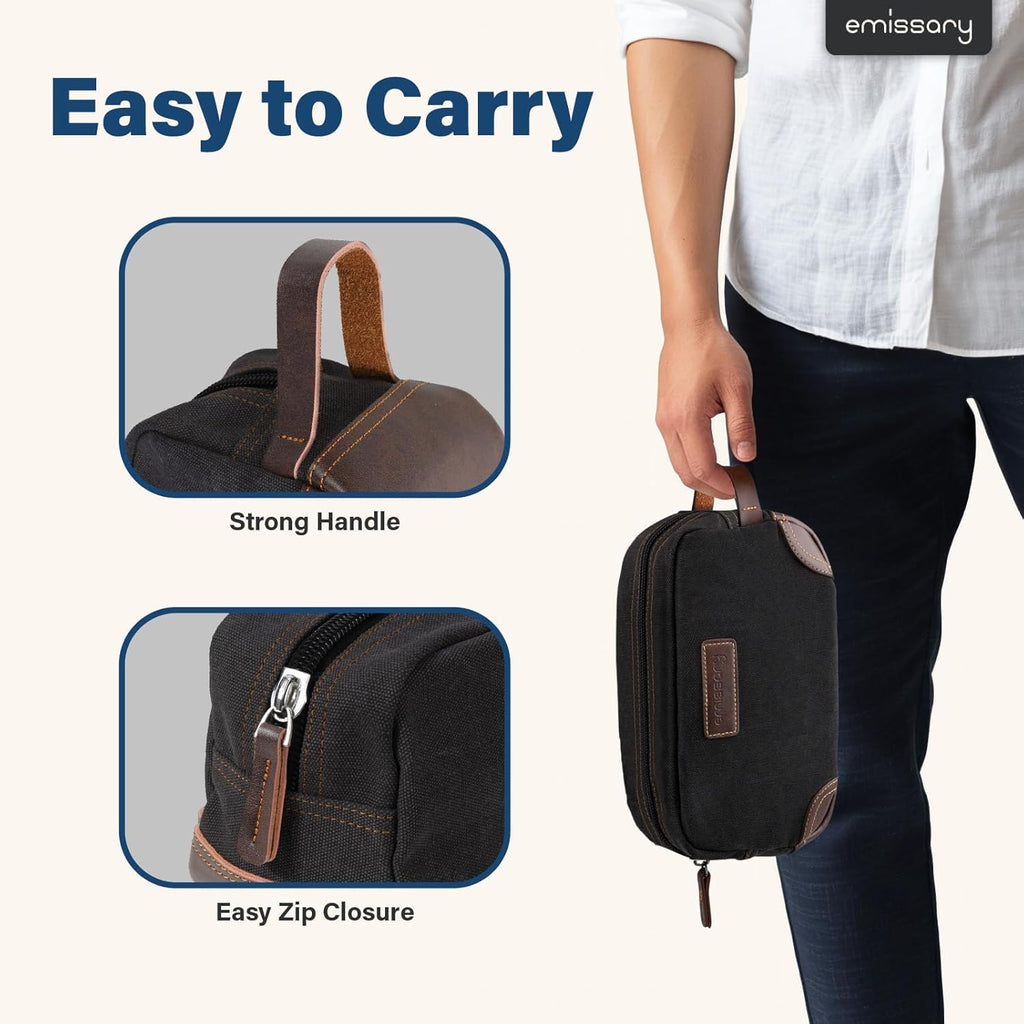 Men's Toiletry Bag, Leather and Canvas Travel Toiletry Bag, Dopp Kit for Men, Travel Bathroom Bag Men's Shaving Kit
