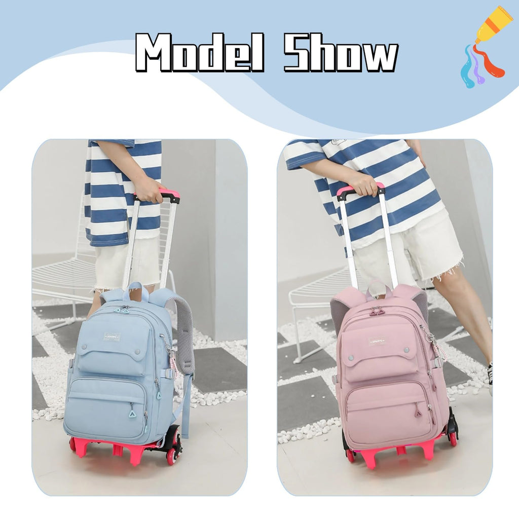 Solid Color Girls Rolling Backpack with Wheels Schoolbag Elementary School Student Trolley Daypack
