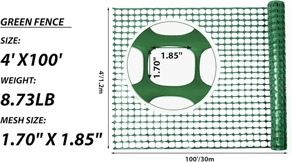 4'x100' Plastic Mesh Fence for Garden with 100 Zip Ties, Green