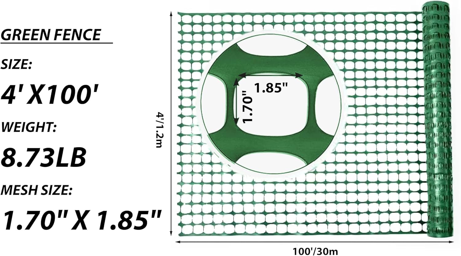 4'x100' Plastic Mesh Fence for Garden with 100 Zip Ties, Green