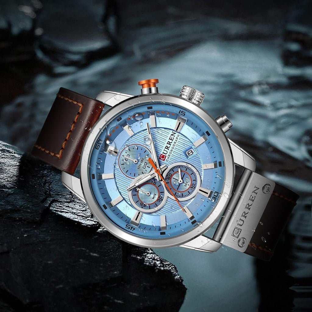 Men Chronograph Sport Watches Brown Leather Strap Quartz Watch | Business Casual Wrist Watch for