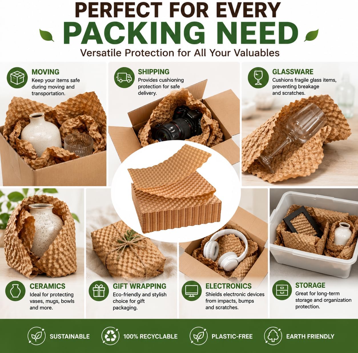 Bubble Paper Wrap Sheets for Packing, Moving, 12" x 12" 100 Sheets | Kraft Packing Paper Cushion Wrap,Recyclable