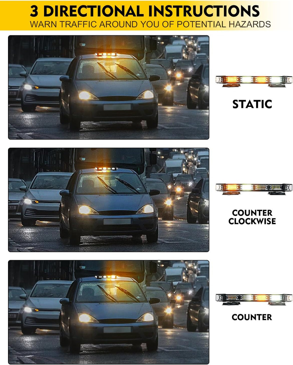 White Amber LED Rooftop Emergency Strobe Light Bar with Controller | Magnetic Mount Roof Top Warning Beacon Caution