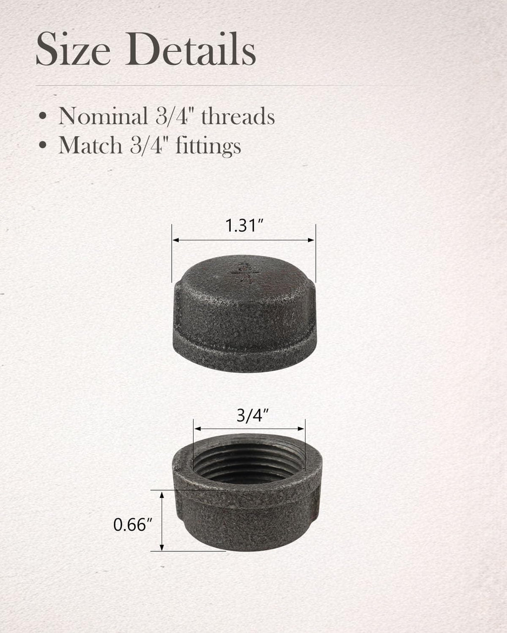 10 Pack 3/4" Malleable Cast Iron Pipe Cap, Black Threaded Fitting