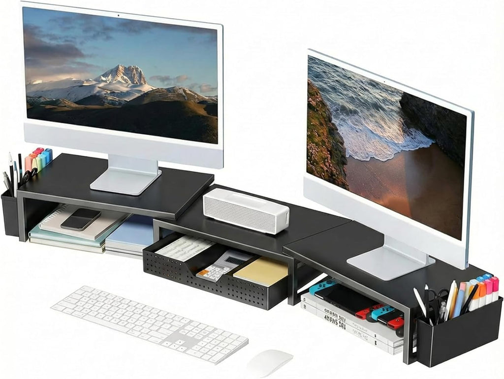 Desk Organizers and Accessories, Dual Monitor Stand Riser with Drawer and 2 Pen Holders, Desk Shelf Metal Computer
