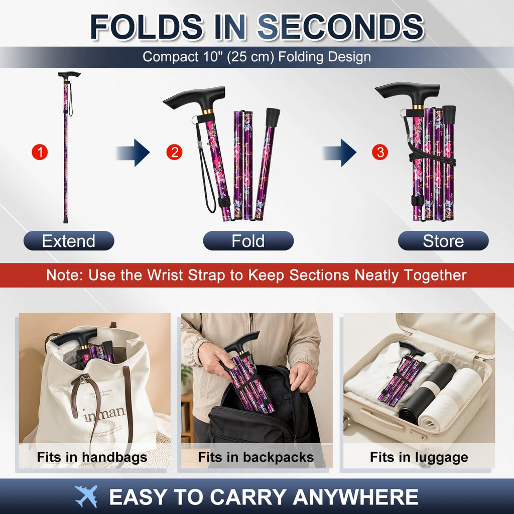 Folding Cane, 5-Level Adjustable Height Walking Stick Lightweight Collapsible Portable Travel Cane with Wrist Strap