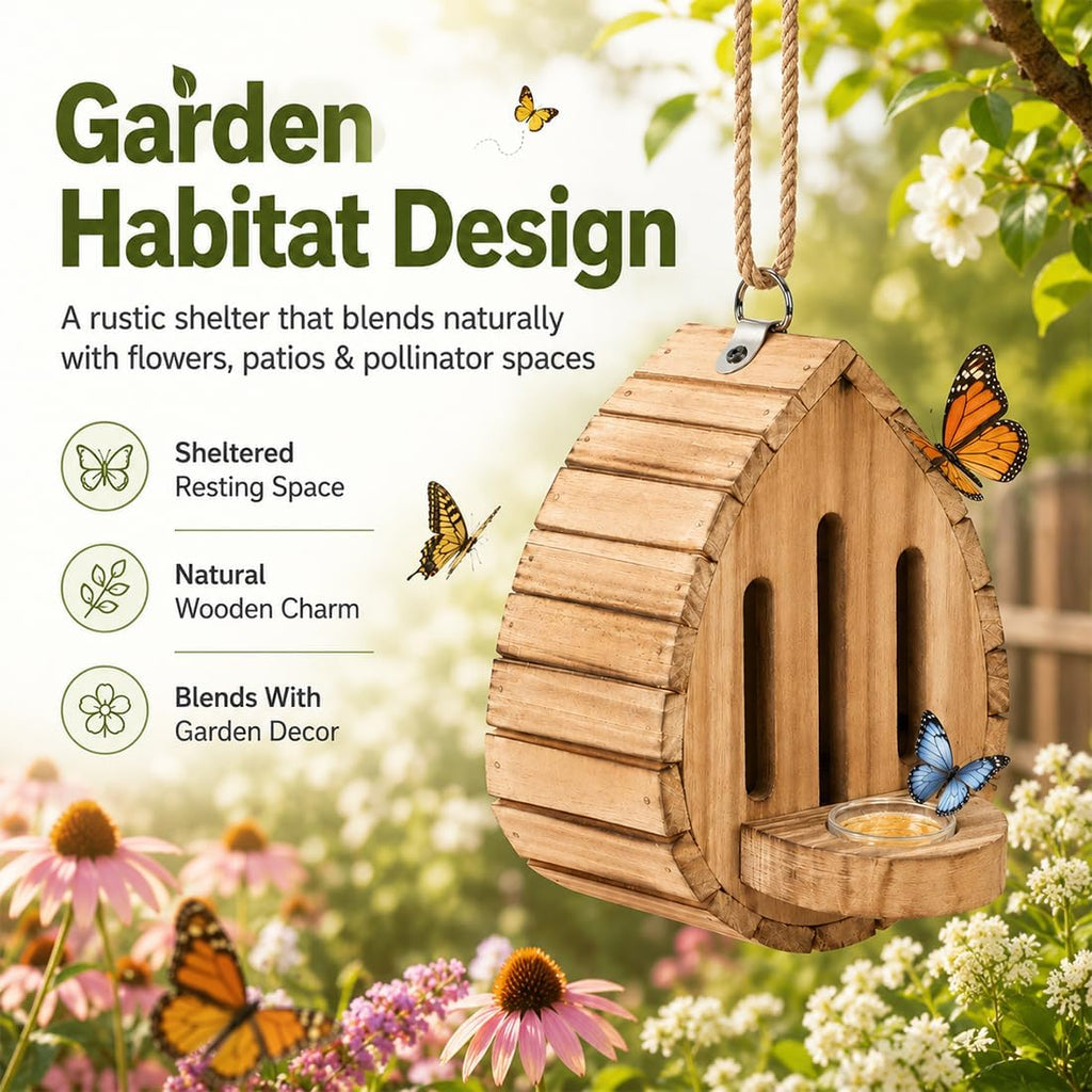 Butterfly House Wooden Shelter for Garden, Hanging Habitat Box (Wood)
