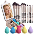 large Led Makeup Mirror Case Travel Makeup Brushes Set 15 Pcs – LED Light Mirror with Makeup Sponge for Enhanced