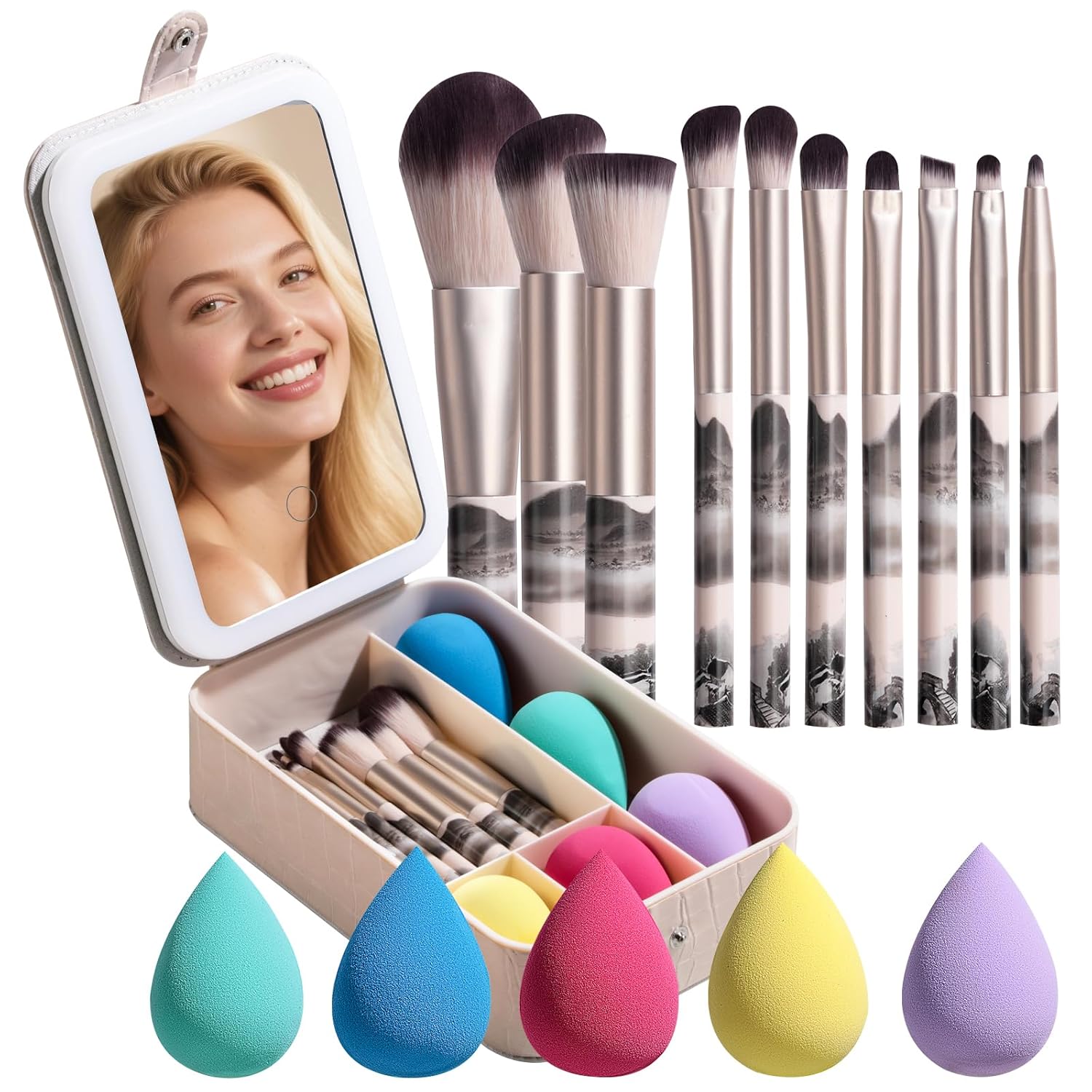 large Led Makeup Mirror Case Travel Makeup Brushes Set 15 Pcs – LED Light Mirror with Makeup Sponge for Enhanced