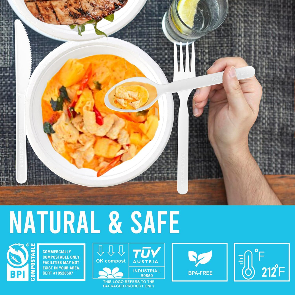 250 Count Compostable Disposable Non Plastic Silverware, Heavy Duty Biodegradable Forks Spoons Knives Cutlery Set