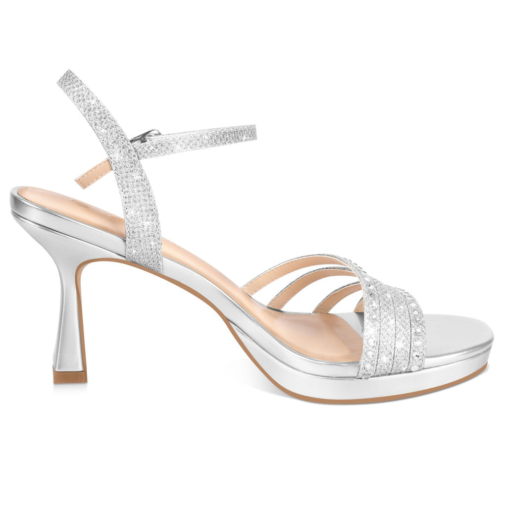 Lena Women's Platform Heels High Block Chunky Sparkly Rhinestone Glitter Open Toe Ankle Strap Fashion Dress Pump