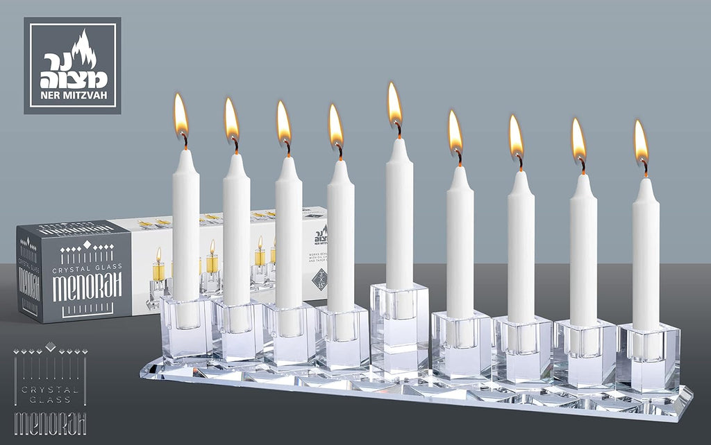 Crystal Glass Hanukkah Menorah, Modern Style Oil and Candle Menorah for Chanukah, Fits Standard Chanukah Oil Cups and
