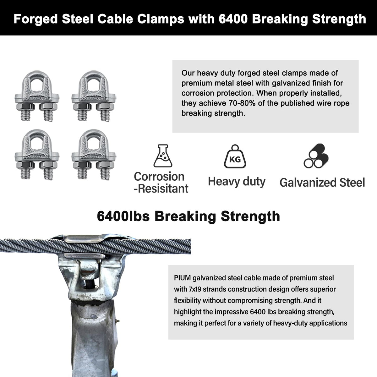 1/4" Steel Cable Kit, Galvanized Wire Rope with Jaw Jaw Turnbuckles, PIUM 7x19 Strands Steel Cable with 6400 Breaking