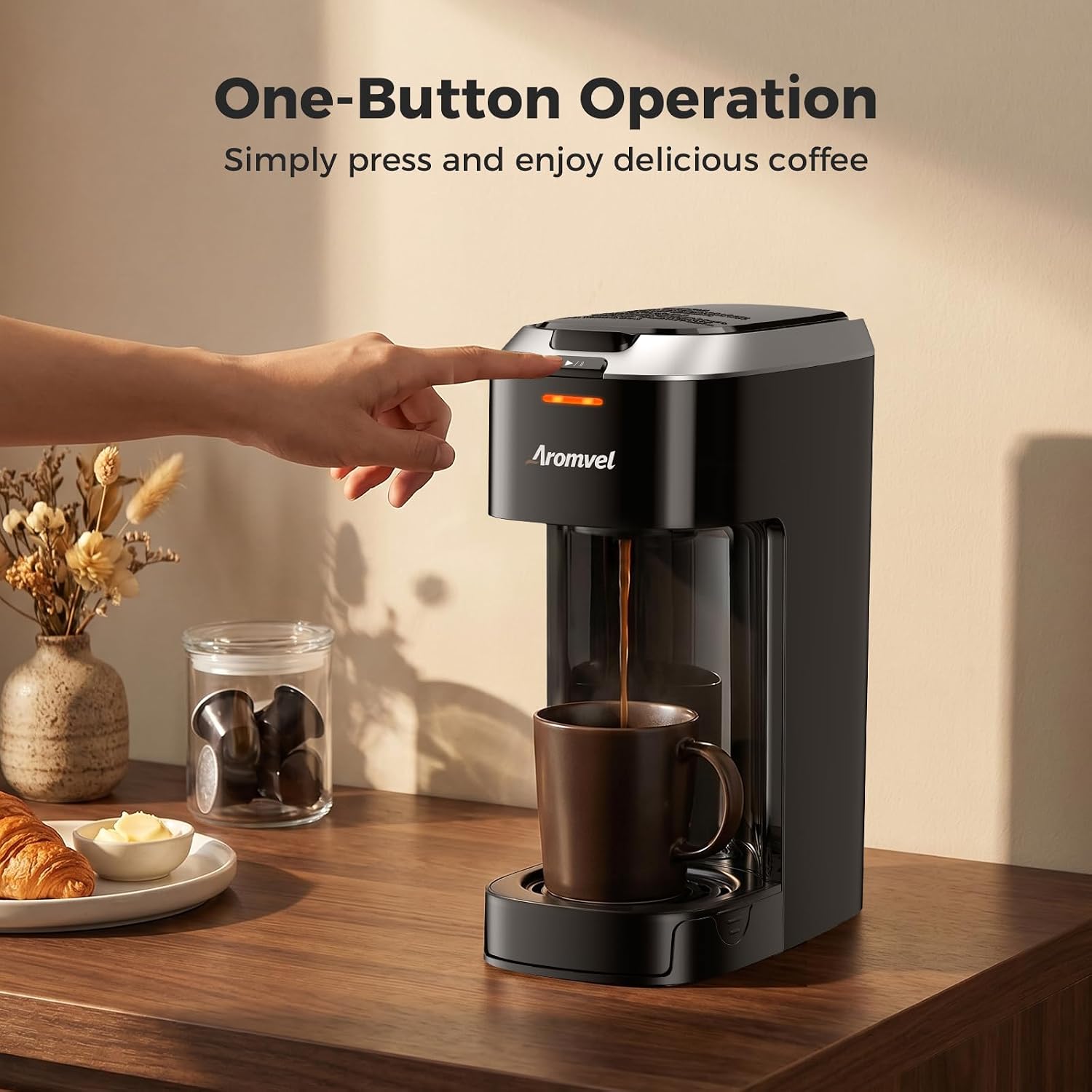 Single Serve Coffee Maker for K Cup Pods, 6-14oz Brew Sizes | One Button Coffee Maker, Fits Travel Mug, Compact for