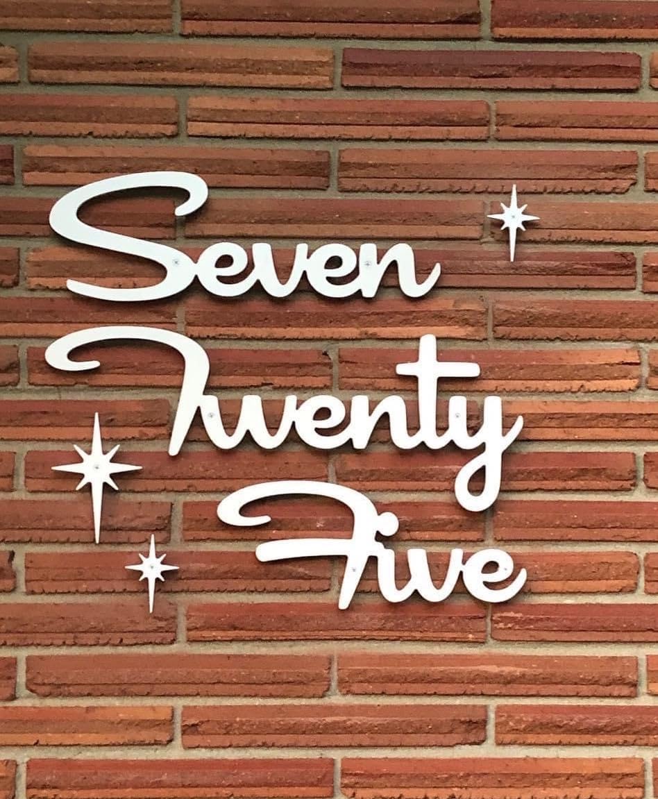Mid Century Modern Cursive House Numbers, 5 inch black plastic MCM script address words with stainless steel screws