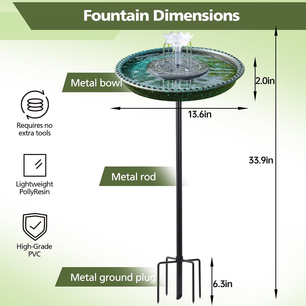 Bird Bath with Solar Powered Fountains for Hummingbirds,Stable Stylish Design with 5-Prong Base Stake Plastic Bird