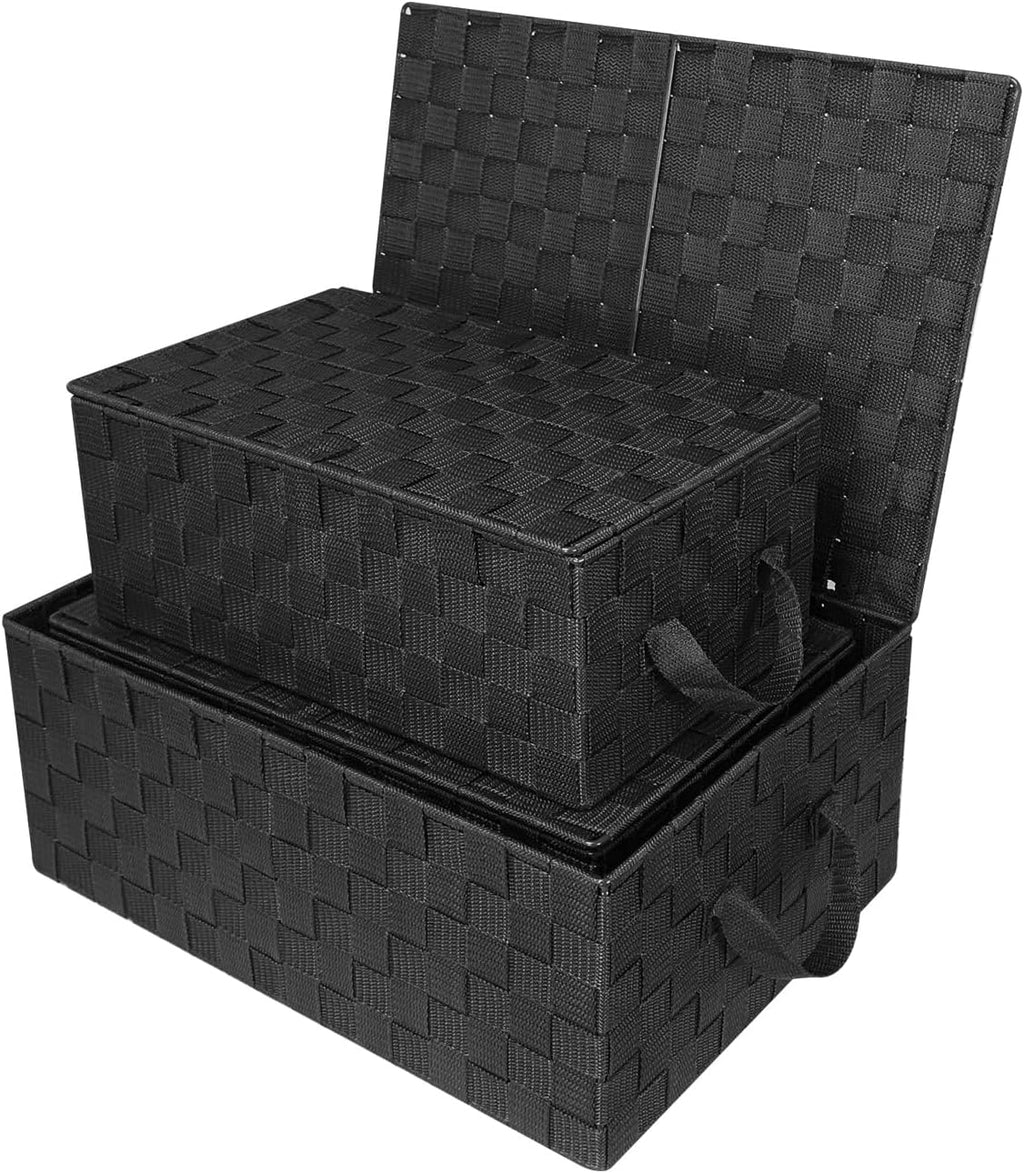 Set of 3 Hand-Woven Storage Baskets with Lids – Mesh Design Organizers for Closet, Shelves, and Home Storage (Black)