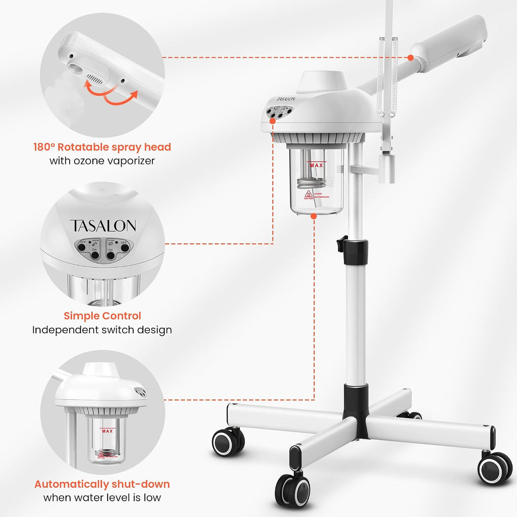 2-in-1 Professional Facial Steamer with 5X Magnifying Lamp | Esthetician Steamer on Wheels with Ozone and Hot Mist