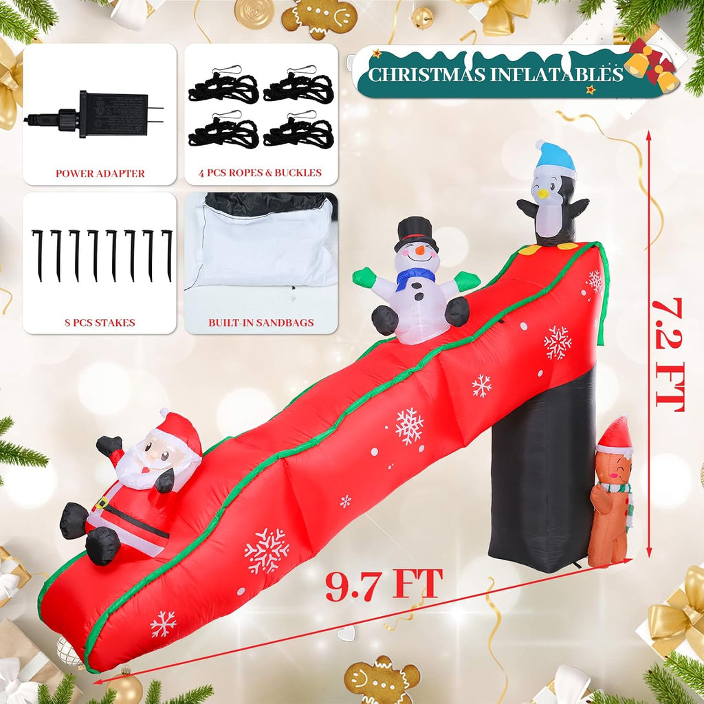 Christmas Inflatables Outdoor Decorations, 9.7FT Snowy Slide with Santa, Snowman, Penguin, Gingerbread Man, Animated