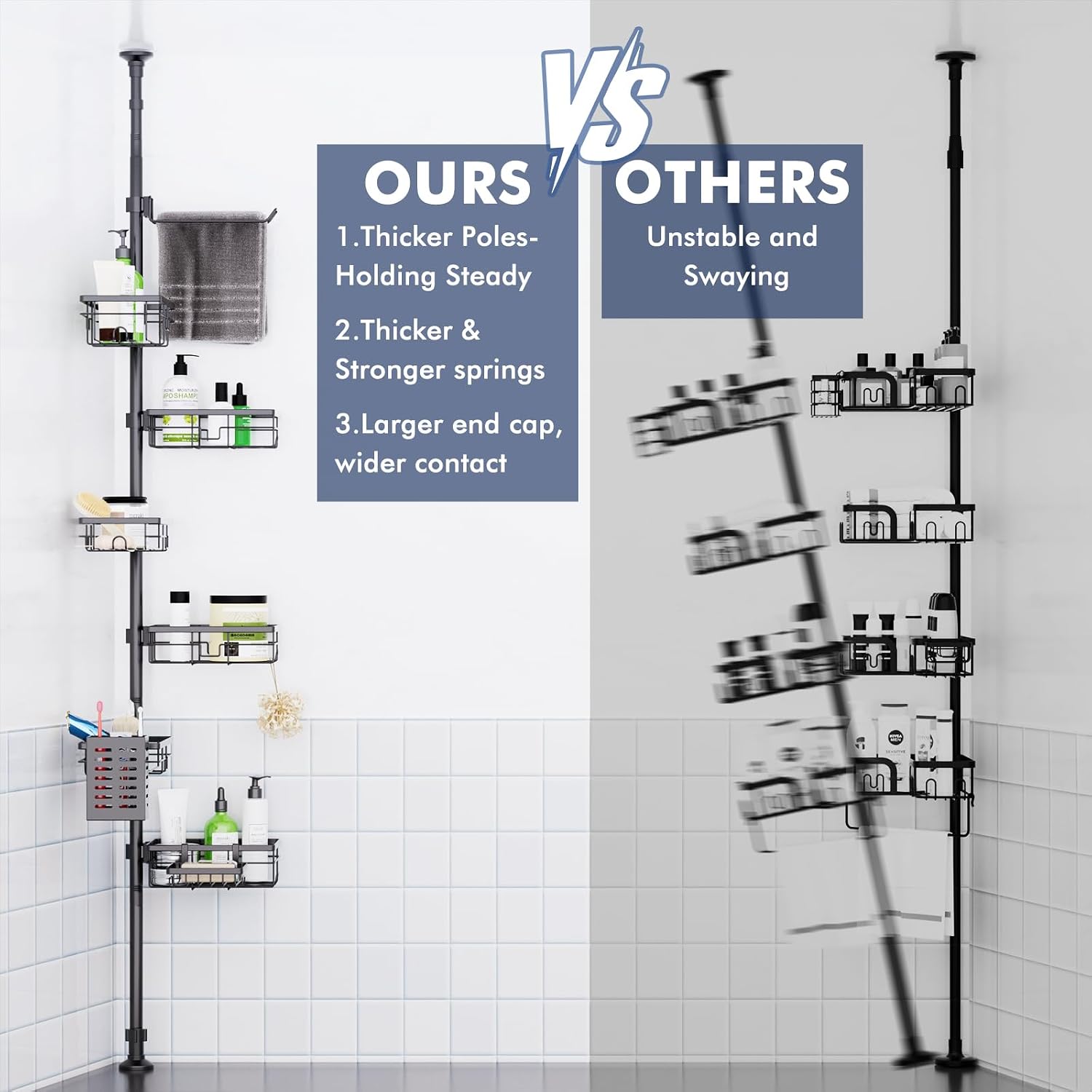 Shower Caddy Organizer Tension Pole, Corner Shower Shelves Bathroom Storage | 6 Tier Shelf, Rustproof 30-120’’
