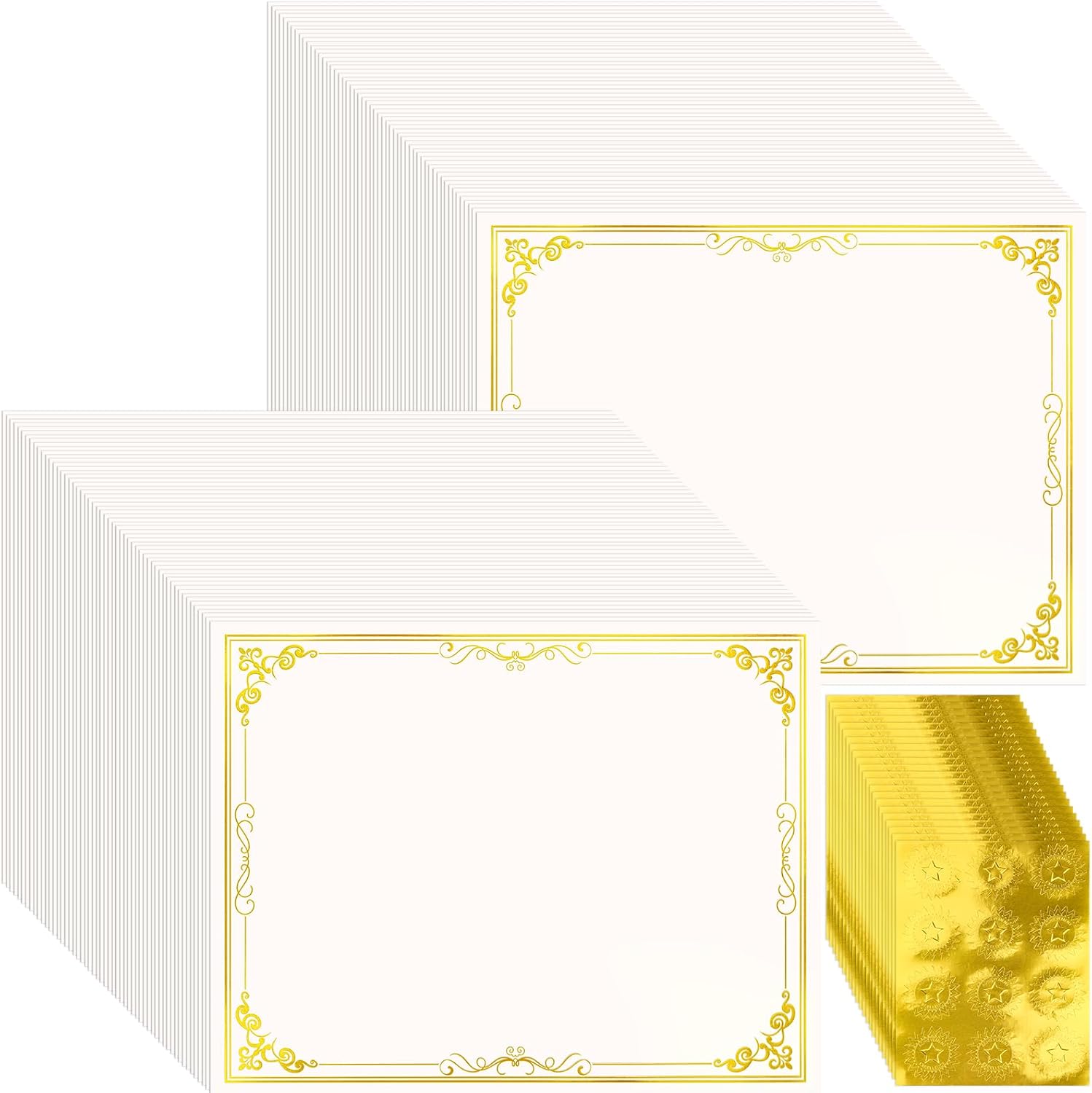 200 Sheet Gold Foil Award Certificate Paper Bulk 8.5 x 11 in for Printing Customizable Blank Cardstock Gold Border