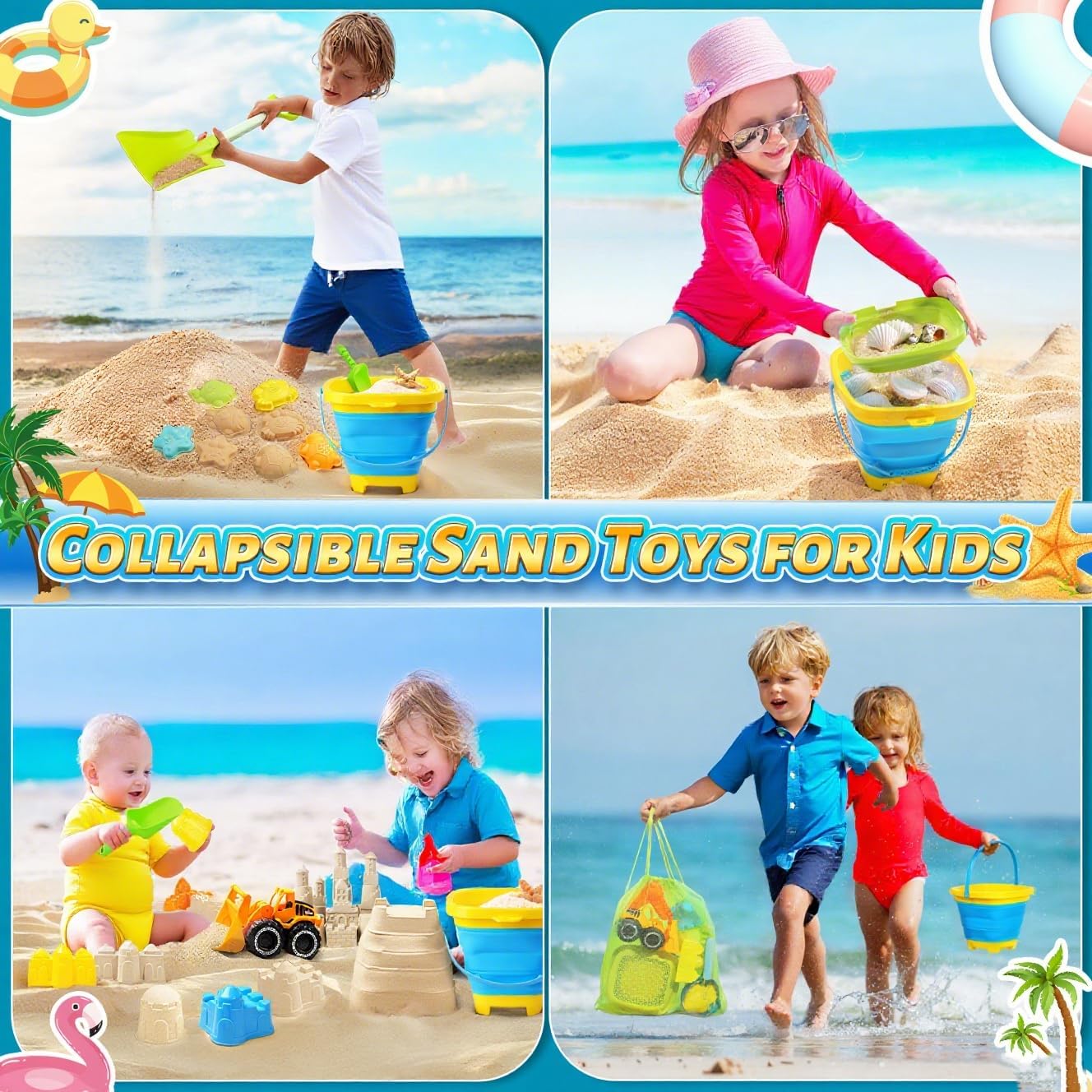 Collapsible Beach Sand Toys for Kids, Sandbox Toys Summer Travel Essentials | Includes Bucket, Sand Shovel, Beach