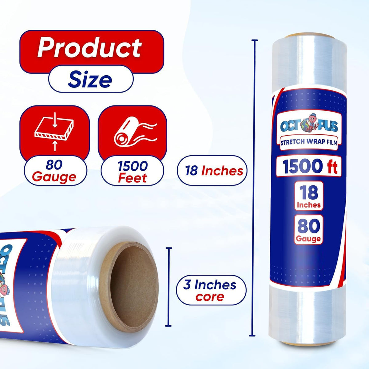 Stretch Wrap, Industrial Strength 4 Roll Clear, 18” x 1500 feet, 80 Gauge (20 Micron), Heavy Duty Plastic Shrink Film