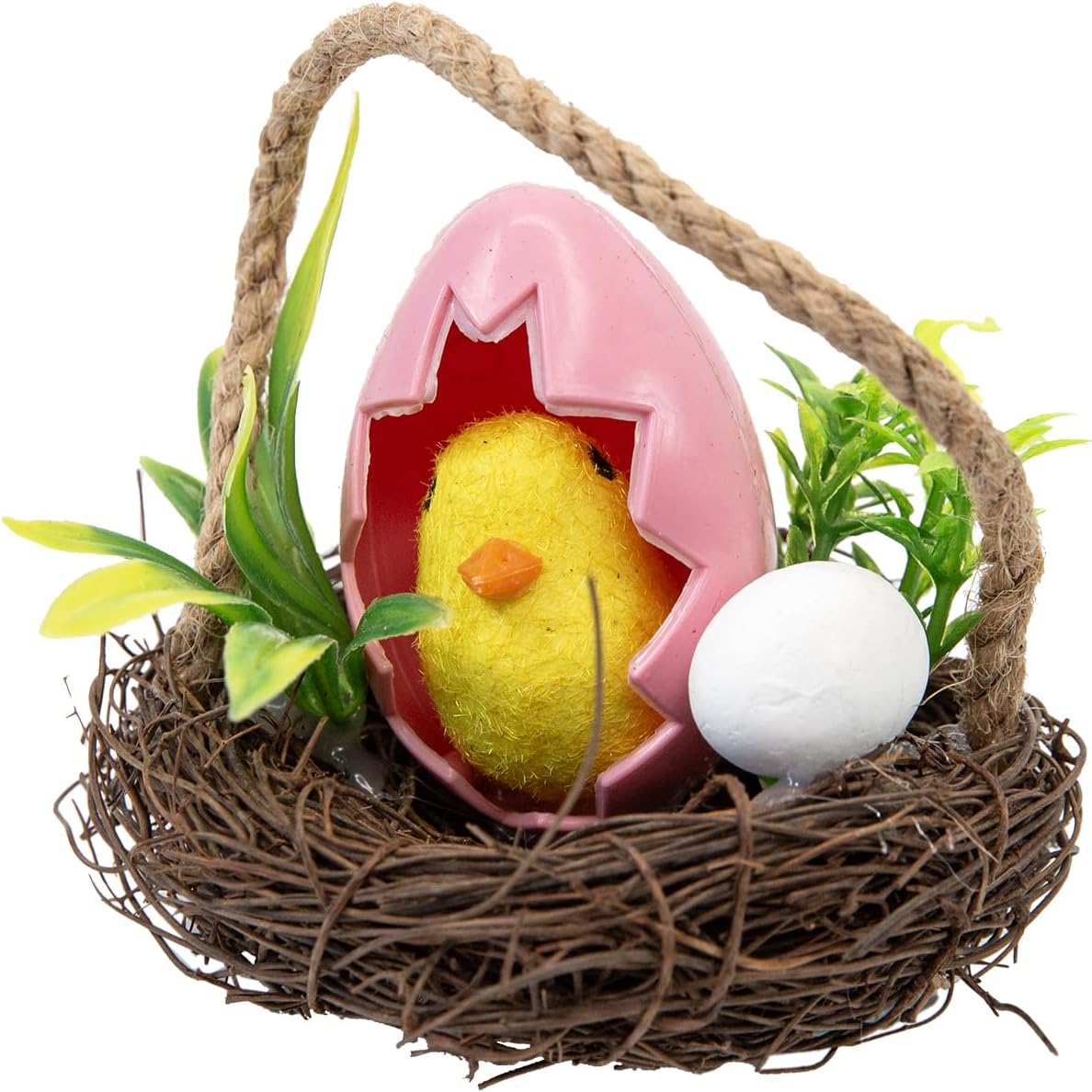 Easter Bunny Basket Decoration with Flowers, Woven Jute Basket with Handle, Spring Decor with Pastel Eggs (F)