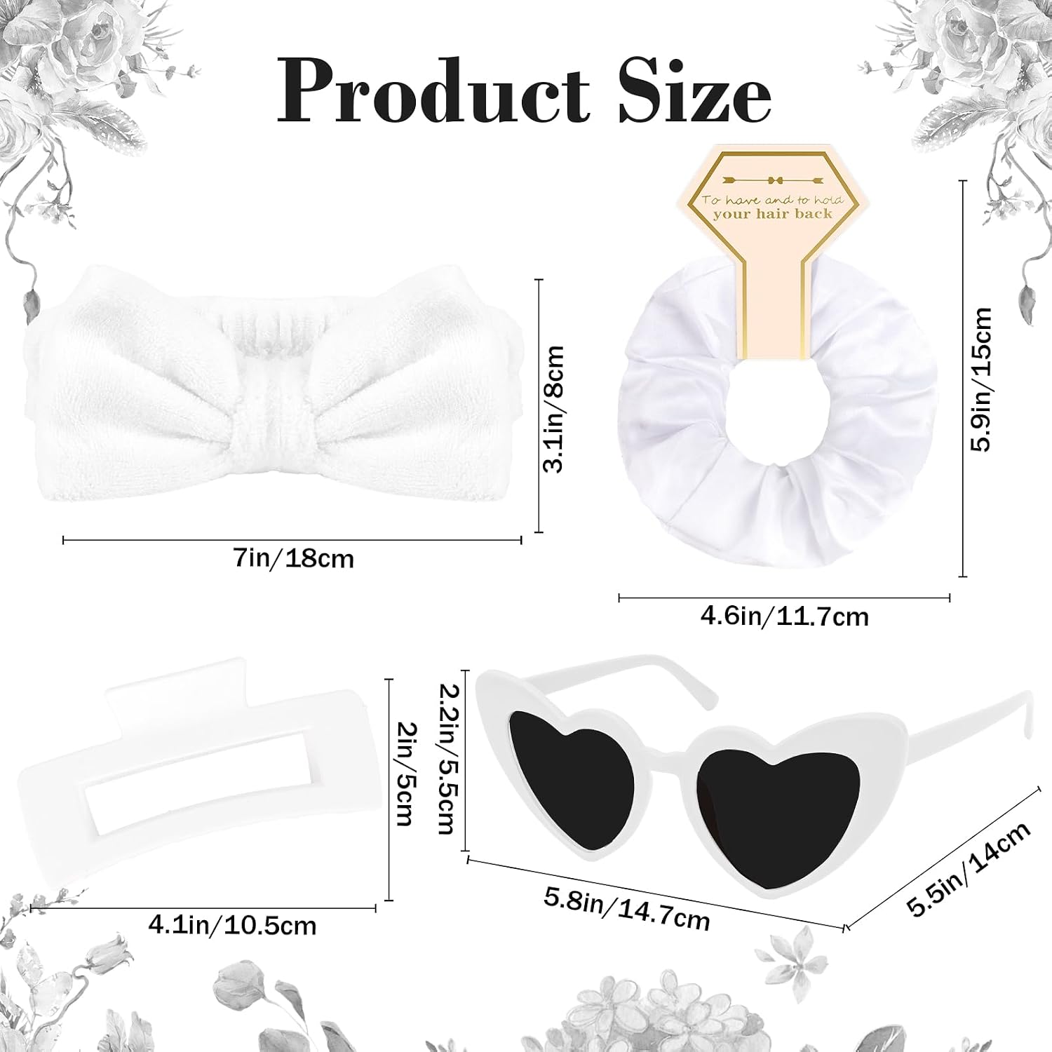 4 Pcs White Bridesmaid Proposal Gifts Bridesmaid Spa Headband, Hair Claw Clips, Heart Shaped Sunglasses and Smooth