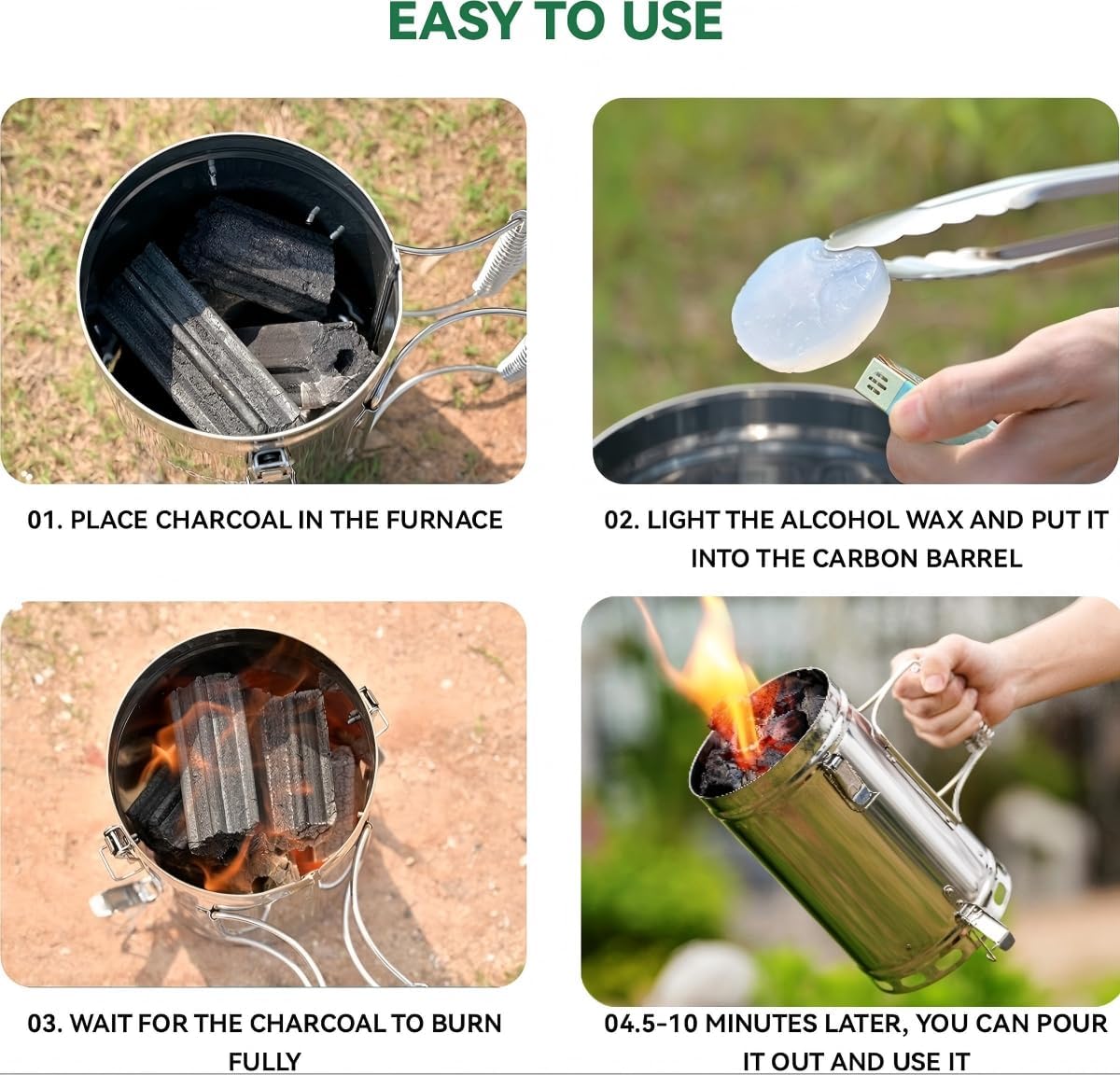Stainless Steel Charcoal Chimney Starter | BBQ Chimney Starter for Charcoal Grill and Barbecues, Compact Outdoor