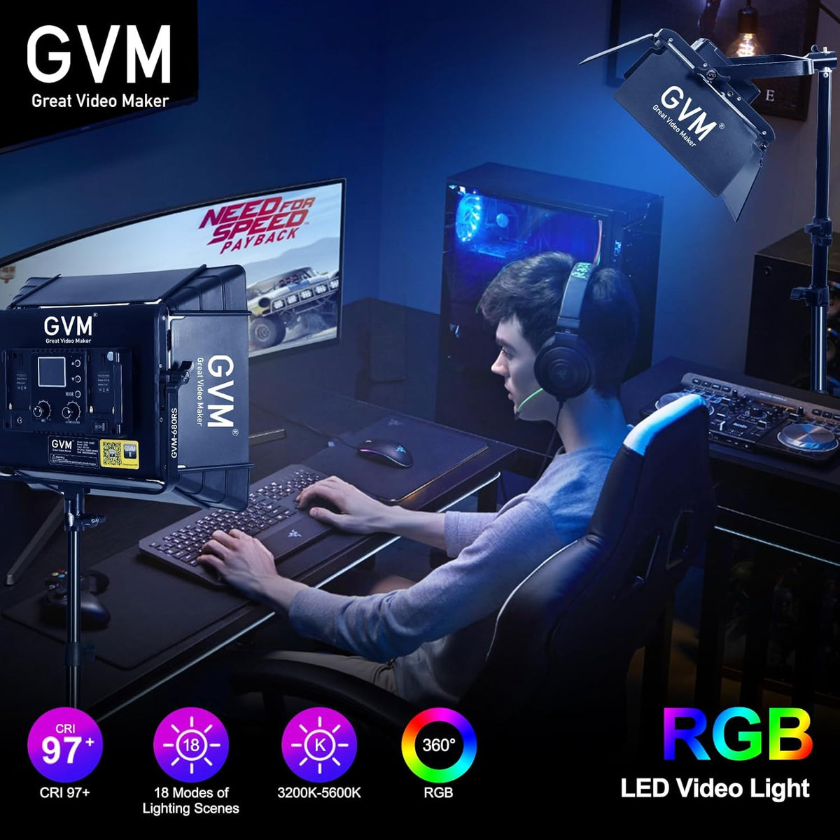 GVM RGB Photography Lighting Kits with 2 Softboxes, 880RS 60W Studio Lights with Bluetooth Control, 2 Packs Video