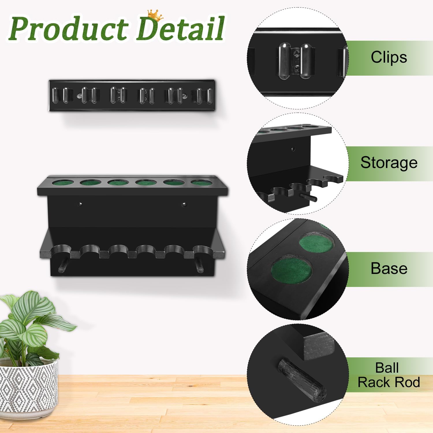 Pool Cue Rack Stick Holder, Billiards Pool Cue Rack Wall Mount Hardwood Pool Cue Set Holder for 6 Cues Sticks Storage