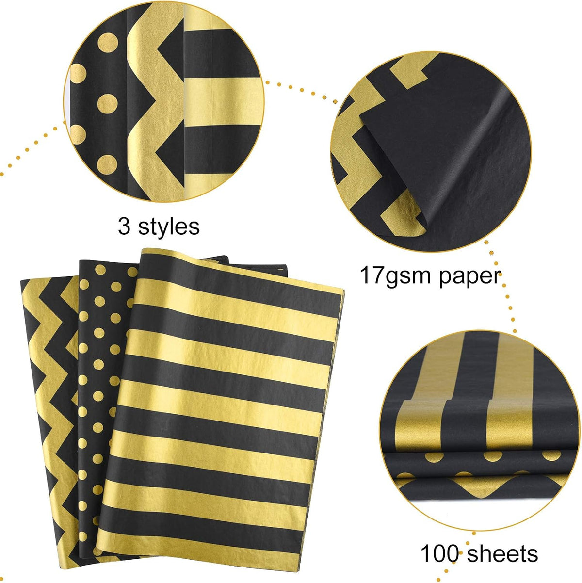 60 Pcs Gold Black Tissue Paper Bulk 3 Style Decorative Metallic Wrapping Paper for Birthday Weddings Christmas Party