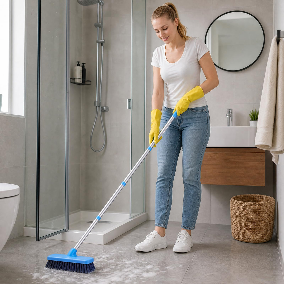 Deck Scrub Brush with Long Handle for Indoor and Outdoor Cleaning
