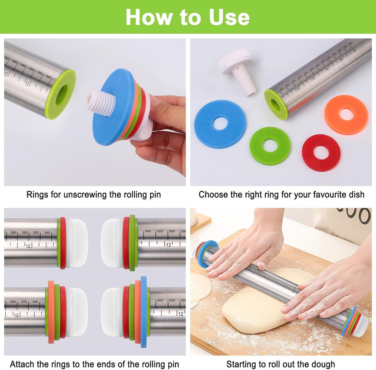 Adjustable Rolling Pin with Thickness Rings for Baking, Stainless Steel Designs Dough Roller Pins for Cookie