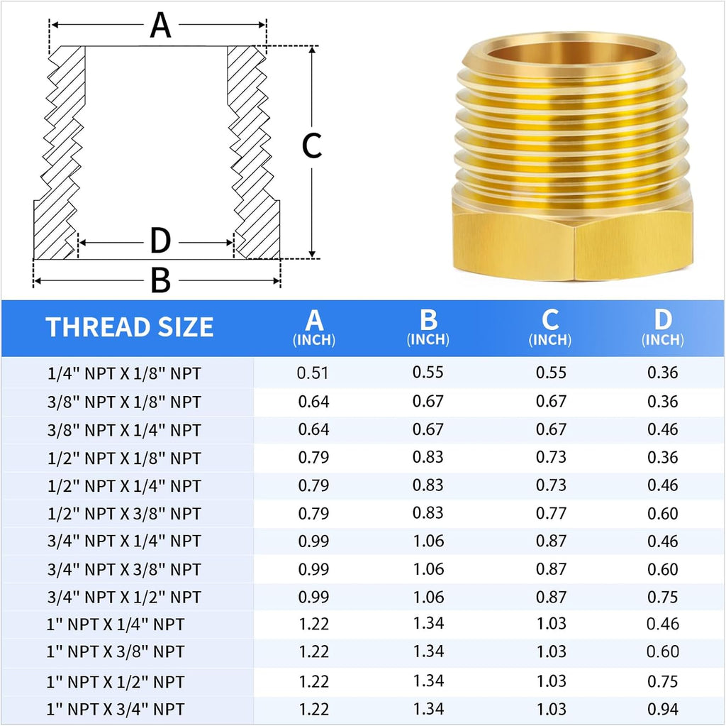ChillWaves Brass Pipe Fitting, Reducer Hex Bushing 1" NPT Male x 3/8" NPT Female Thread Adapter(2-PACK)