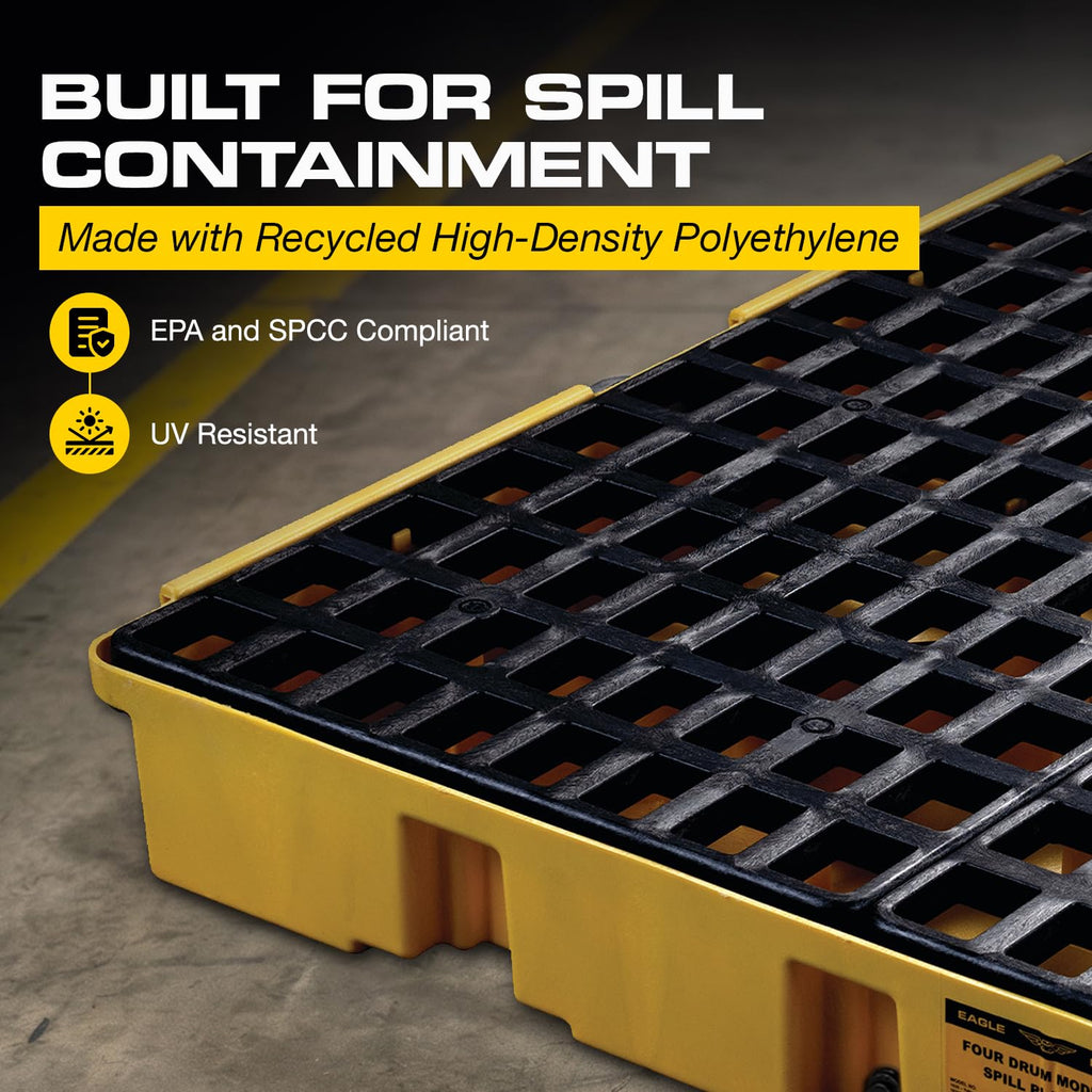 Square 4 Drum Spill Containment Pallet with Drain, Made in USA,Yellow
