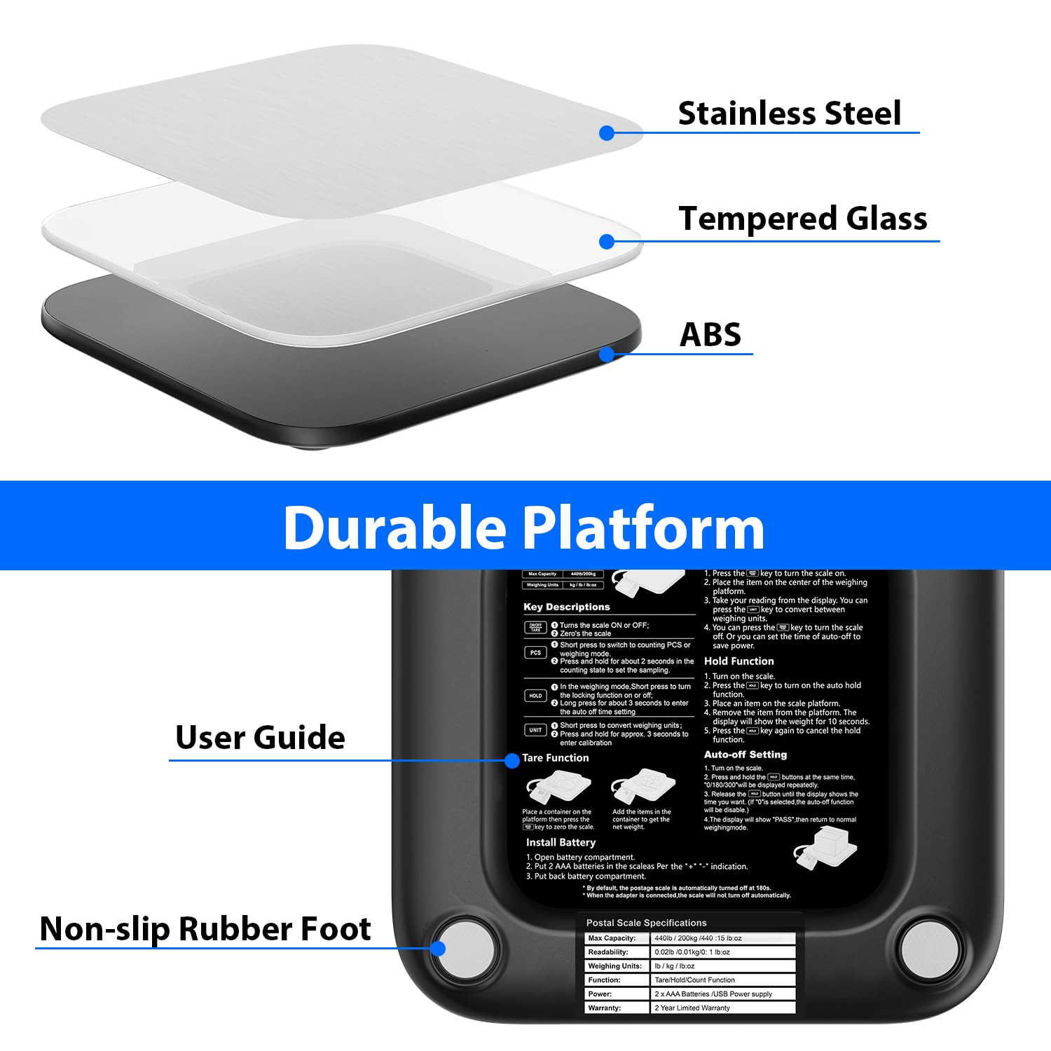 Shipping Scale 440lb/0.35oz Accuracy Digital Postal Scale | Packages Scale with PCS/Hold/Tare Function,Postage Scale