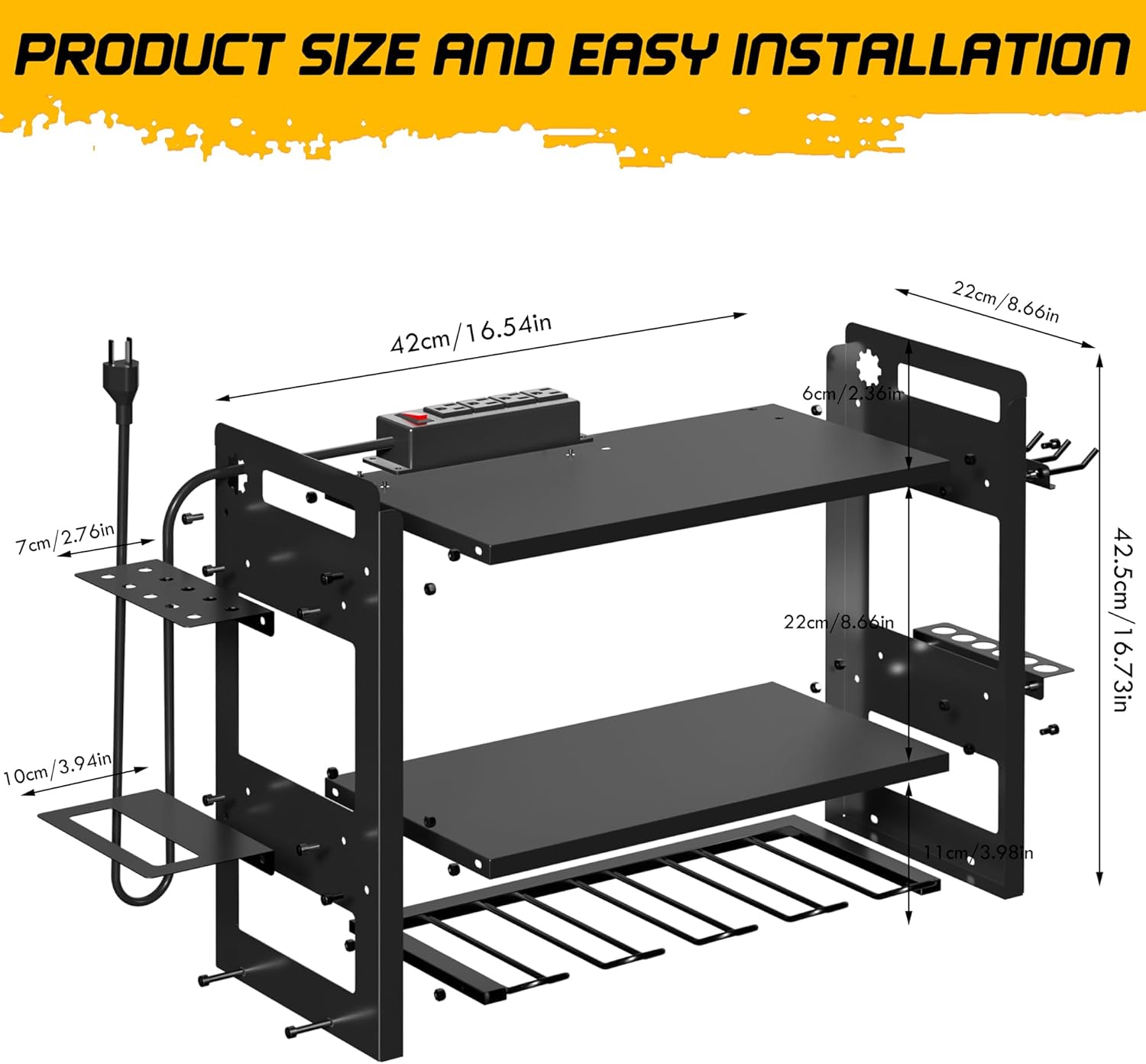 Power Tool Organizer Wall Mount with Charging Station, 3-Tier Heavy Duty Metal Tool Rack with 4 Drill Holders and 6FT