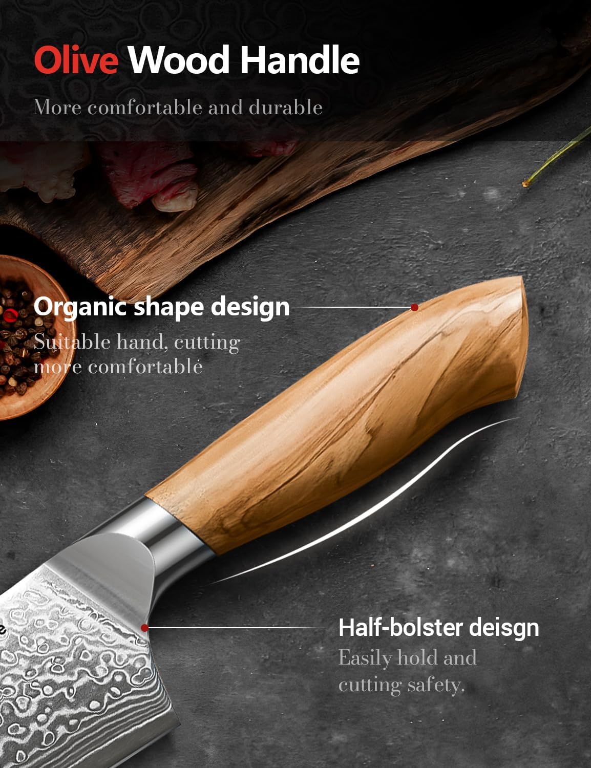 3-Piece Japanese Damascus Steel Knife Set, Olive Wood Handle & Box