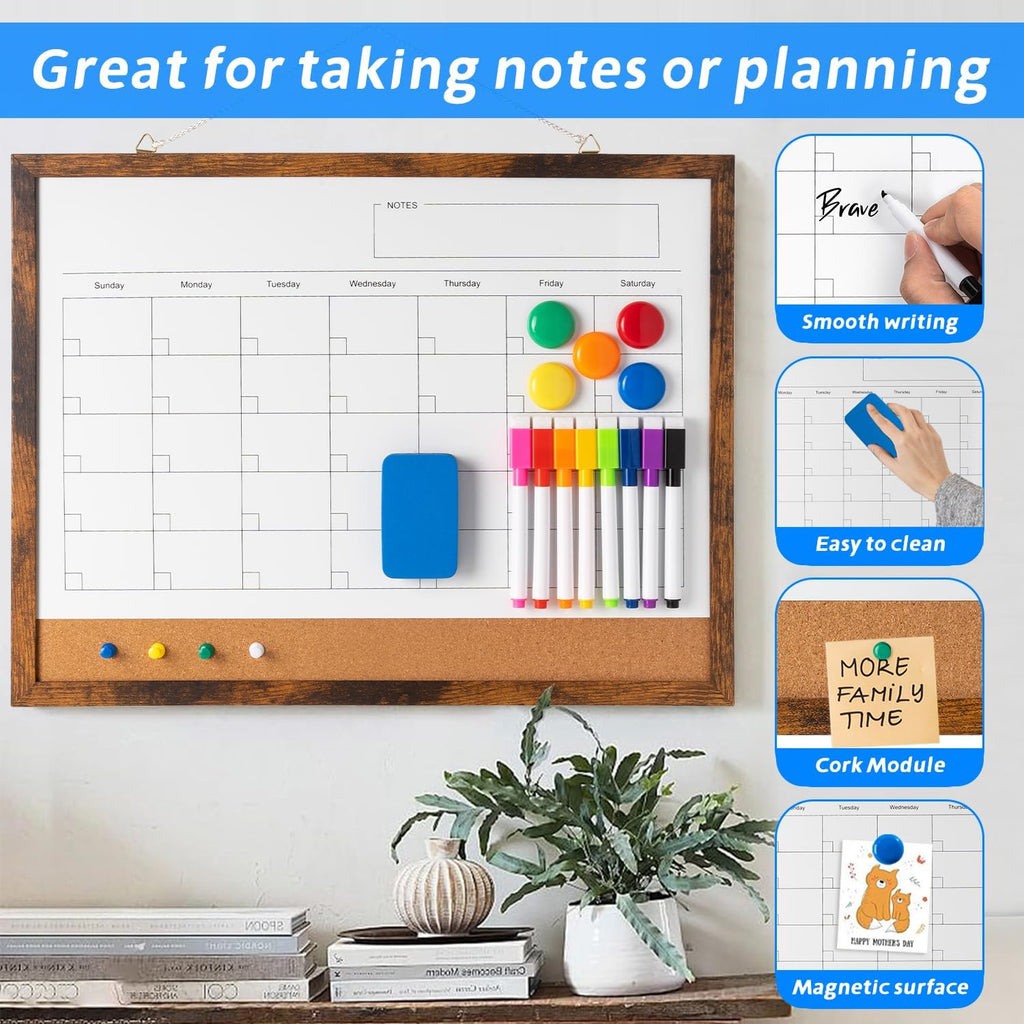 Dry Erase Calendar Whiteboard, 17" x 13" Magnetic Whiteboard Cork Board Combo, Reusable Monthly Planner with 8