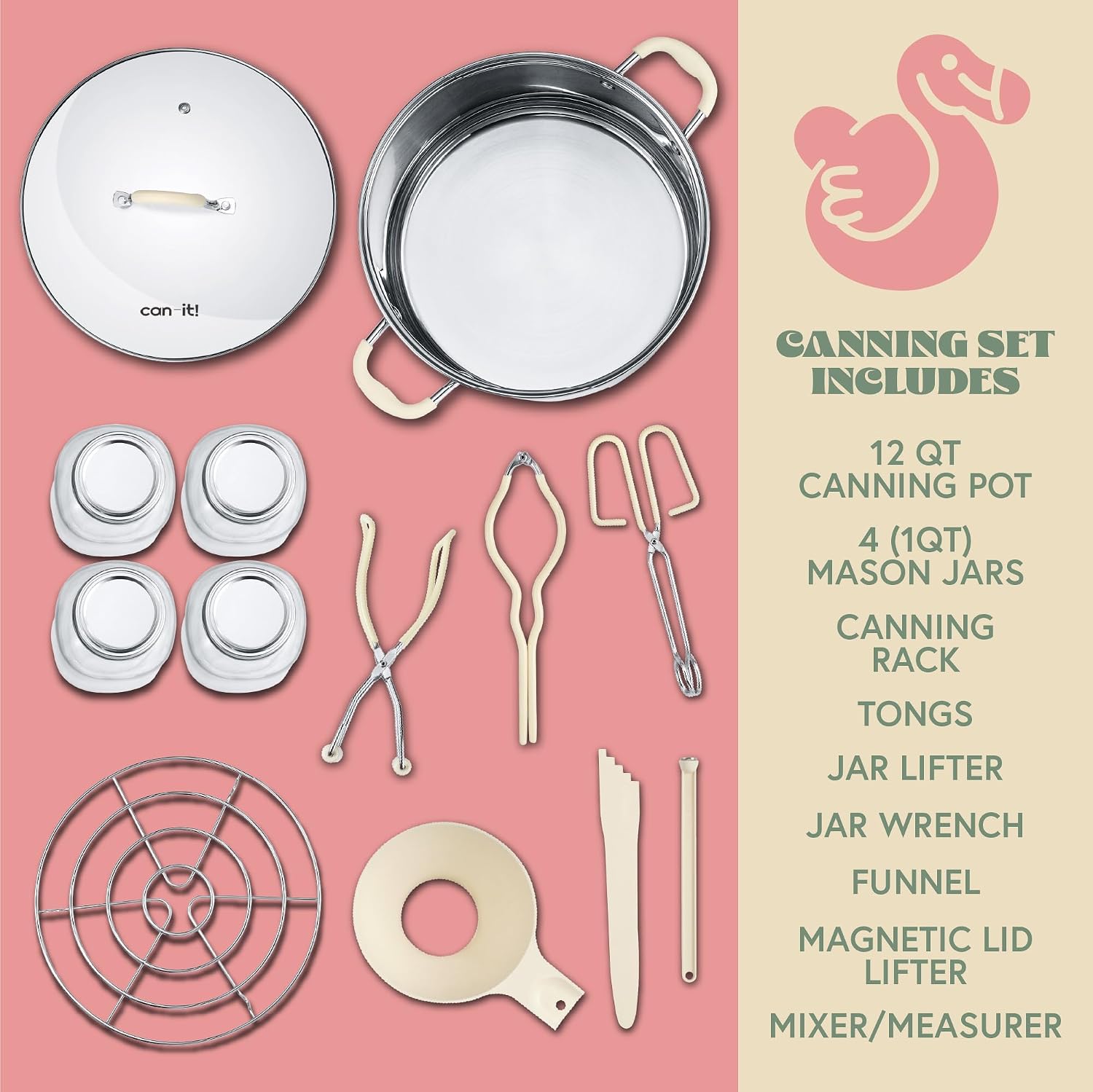 Can-IT Series Stainless Steel Canning Pot Set. Includes Canning Rack, Tongs, Jar Lifter, Funnel, Wrench, Lid Lifter