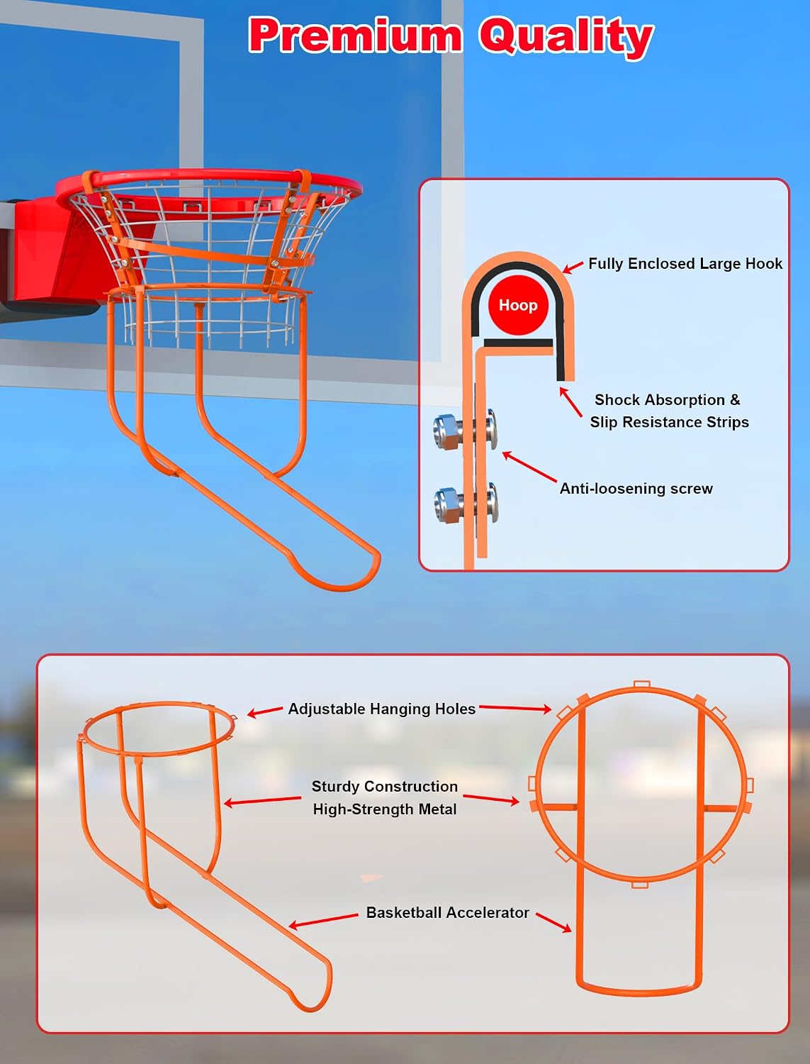 Rotatable Basketball Return Attachment: Heavy Duty Basketball Rebounder with Stable Large Hooks Set for 14"-18" Rim