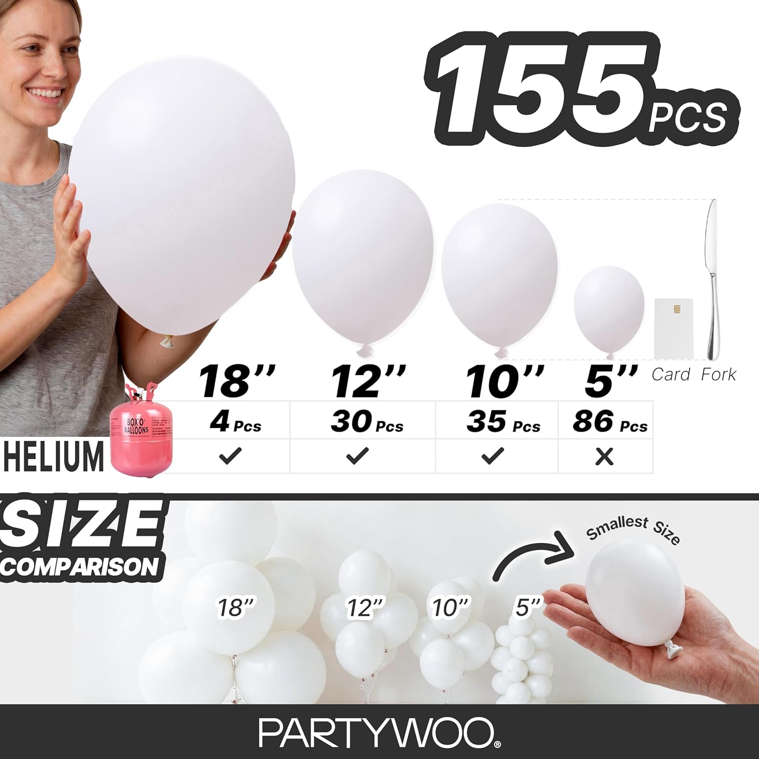 White Balloons 155pcs Different Sizes Pack of 18 12 10 5 Inch Matte White Latex Balloon Arch Kit Garland for Wedding