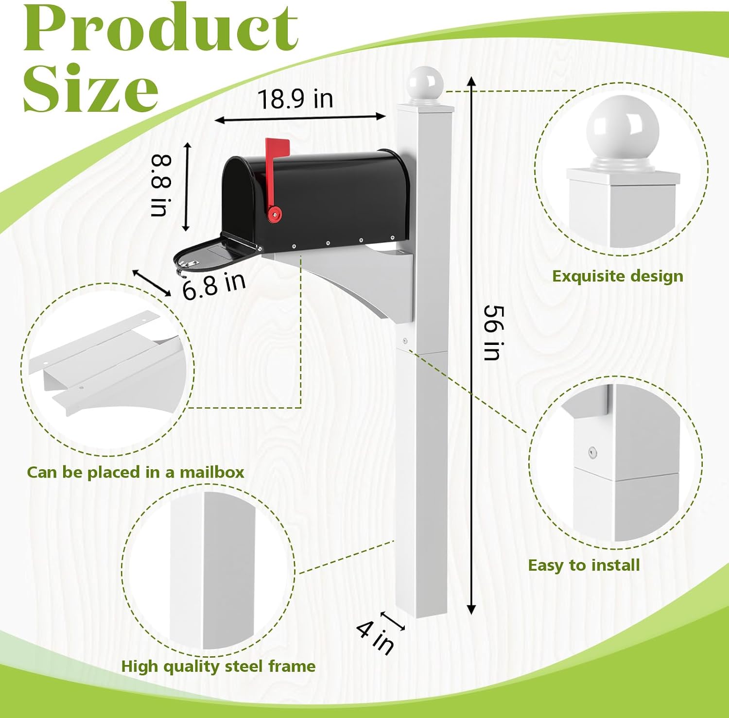 White,Black 1 Set Iron Mailbox Posts with Mailbox for Outside Ground Mounting Post 56 Inch Tall Heavy Duty