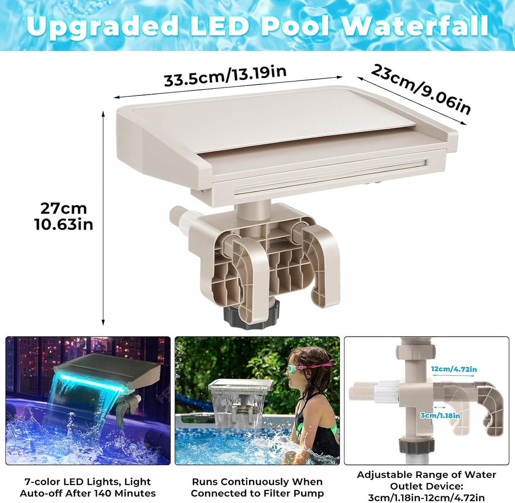 LED Pool Fountain Waterfall for Above Ground Pools, 7 Different Lighting Colors, Smooth Flowing Pool Waterfall