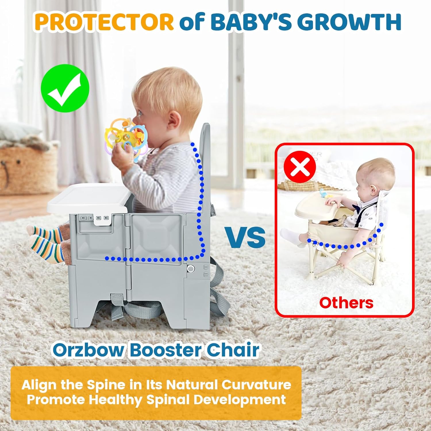 Portable High Chair with Tray, Grey | Foldable Booster Seat, For Travel Toddlers 6-36 Months