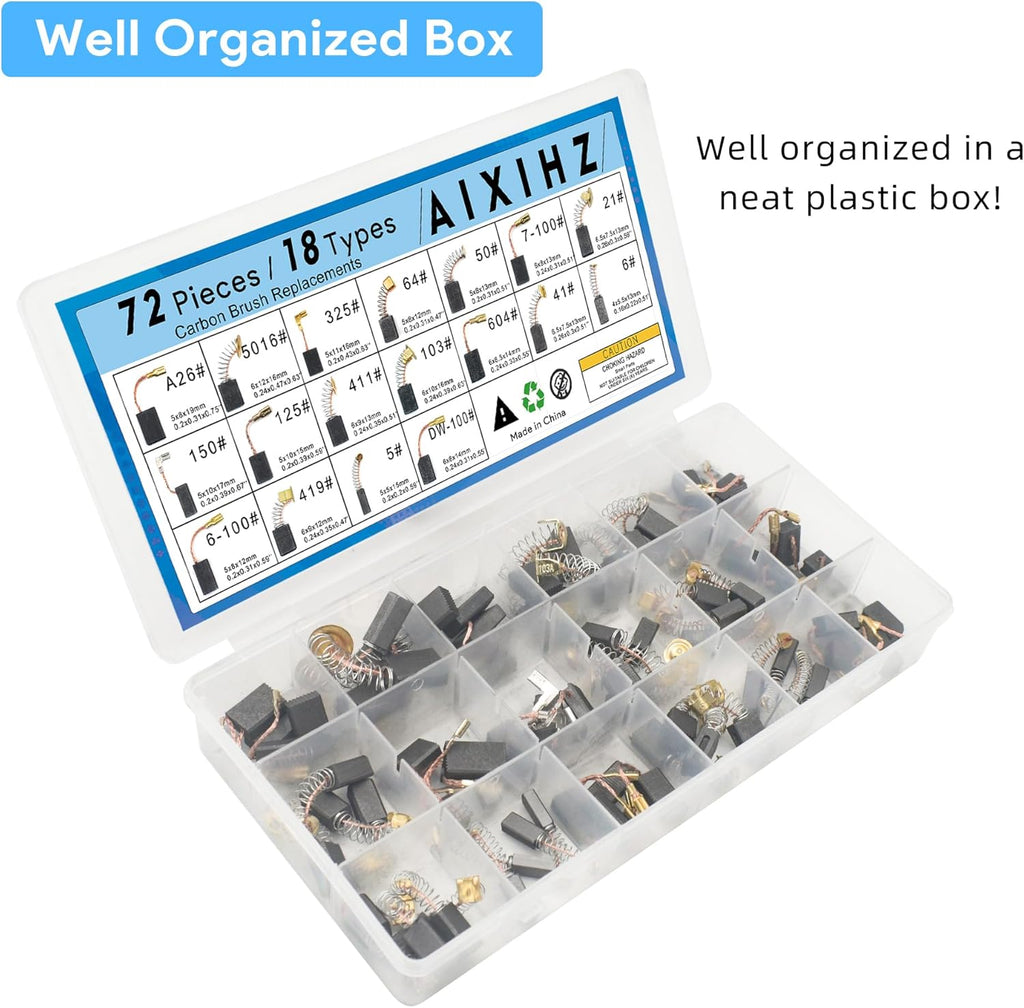 72PCS Carbon Brushes Set, 18 Sizes for Power Tools & Drills