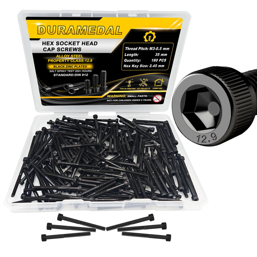 M3x35mm Screws 180pcs Hex Socket Cap 12.9 Steel Black Zinc Half Thread