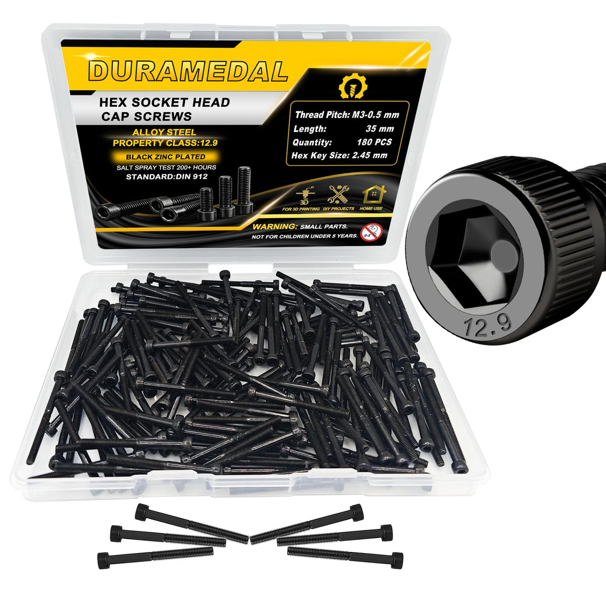 M3x35mm Screws 180pcs Hex Socket Cap 12.9 Steel Black Zinc Half Thread
